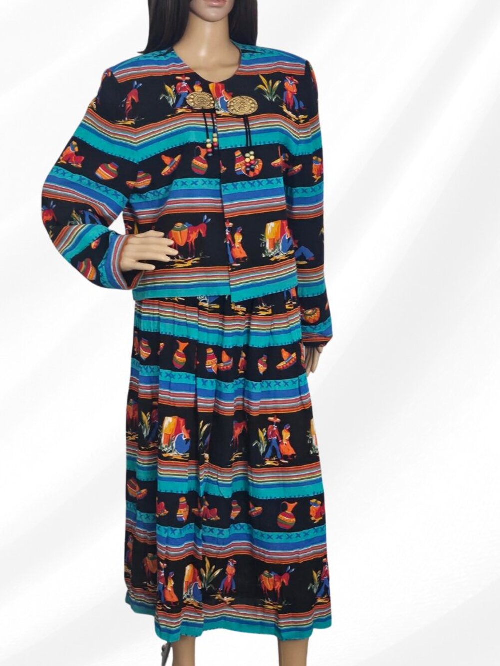 AC Sport Southwest Print Skirt Suit Set Jacket 16W Skirt 18W Padded Shoulders